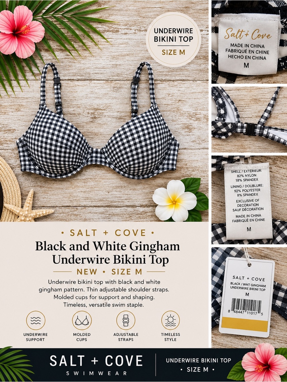 Salt + Cove Black and White Gingham Underwire Bikini Top NEW M